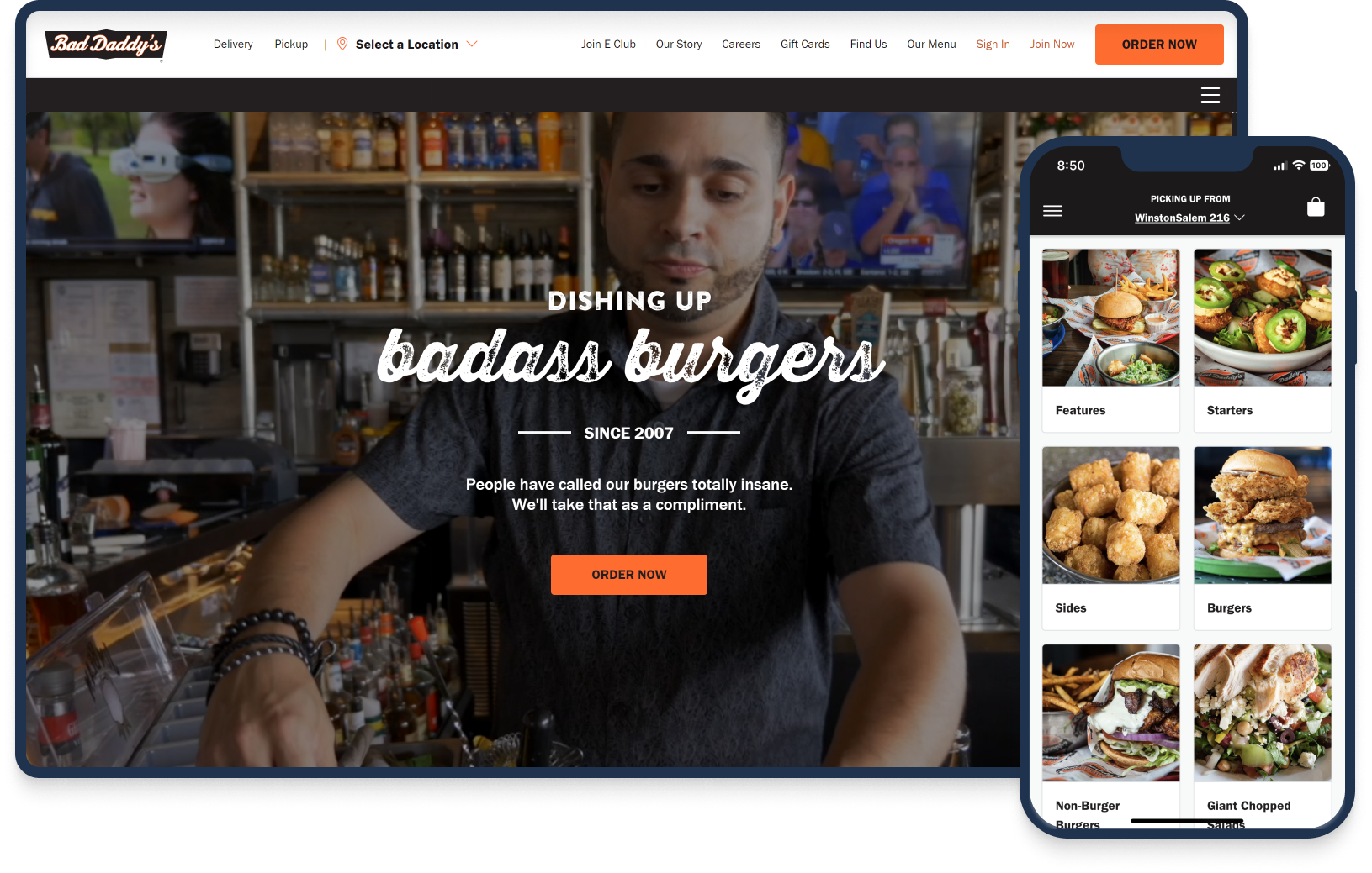 DineEngine and Bad Daddy's Burger Bar's online ordering website and app